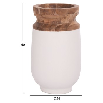DECORATIVE FLOOR VASE LINTER FK4662.02S FIBER CEMENT IN WHITE--TEAK WOOD Φ34x60Hcm.
