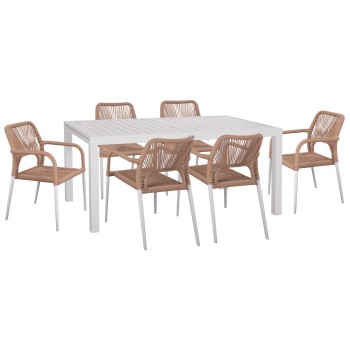 OUTDOOR DINING SET 7PCS KRUM FK21131 WHITE ALUMINUM--P.E.TWISTED RATTAN