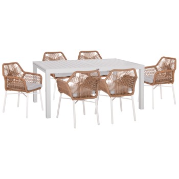 OUTDOOR DINING SET 7PCS KRUM FK21132 WHITE ALUMINUM--P.E.TWISTED RATTAN