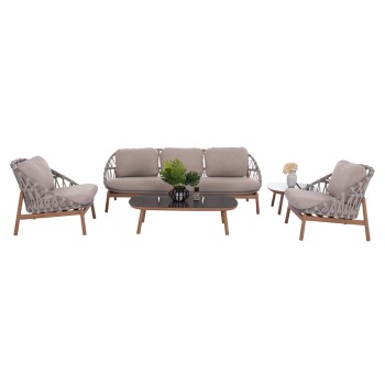 OUTDOOR LOUNGE SET 5PCS KROM FK6360.02 ALUMINUM--STRAP ROPE--3D PRINTED GLASS TOP