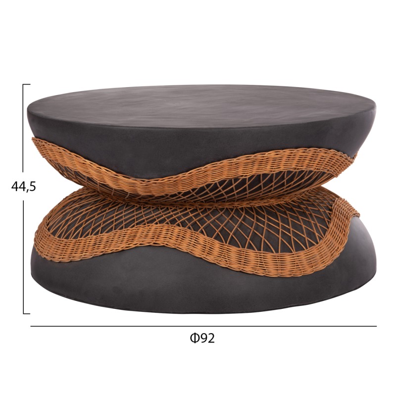 COFFEE TABLE ROUND ANNA FK18157.01 FIBER CEMENT IN BLACK-NATURAL RATTAN--Φ92x44.5Hcm.