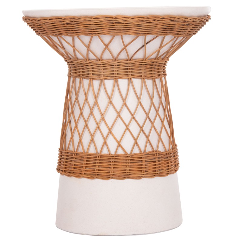 SIDE TABLE ROUND DELIA FK18167.02 FIBER CEMENT WHITE & RATTAN Φ40x45Hcm.