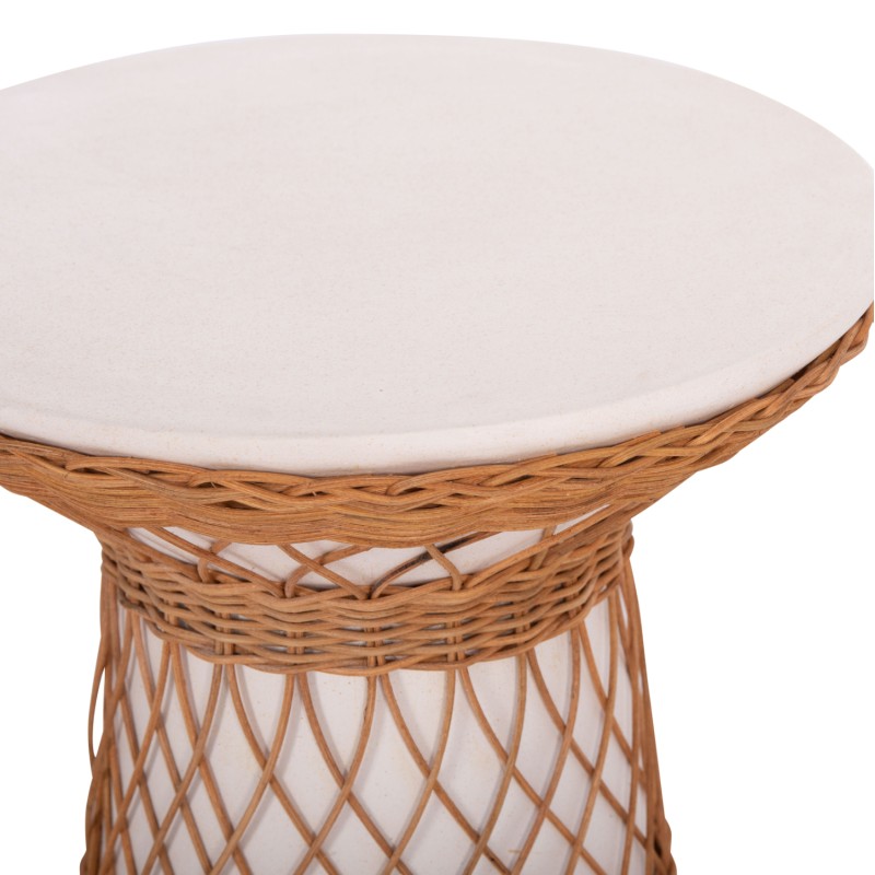 SIDE TABLE ROUND DELIA FK18167.02 FIBER CEMENT WHITE & RATTAN Φ40x45Hcm.