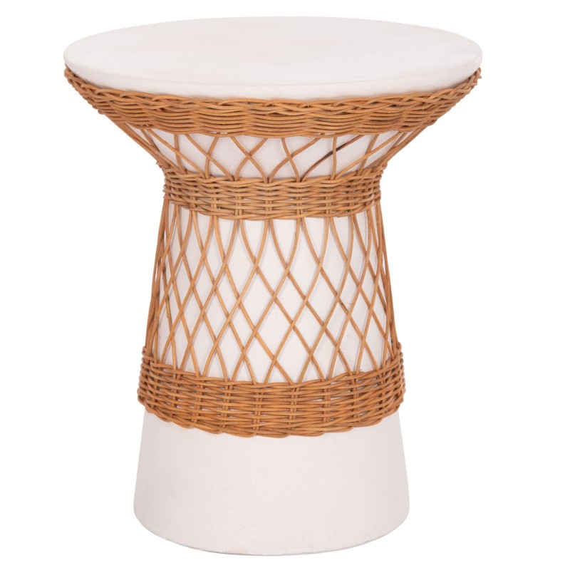 SIDE TABLE ROUND DELIA FK18167.02 FIBER CEMENT WHITE & RATTAN Φ40x45Hcm.