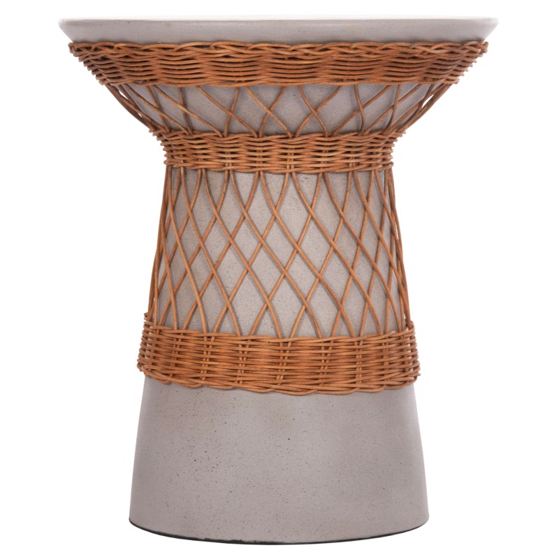 SIDE TABLE ROUND DELIA FK18167.03 FIBER CEMENT GREY & RATTAN Φ40x45Hcm.