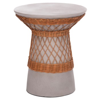 SIDE TABLE ROUND DELIA FK18167.03 FIBER CEMENT GREY & RATTAN Φ40x45Hcm.