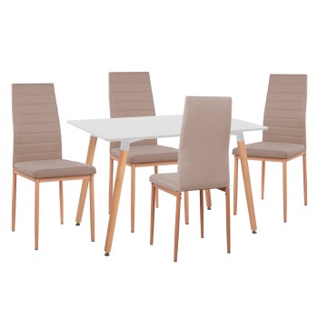 DINING SET 5PCS MINIMAL FK11767 WHITE MDF TOP-BEIGE FABRIC CHAIRS