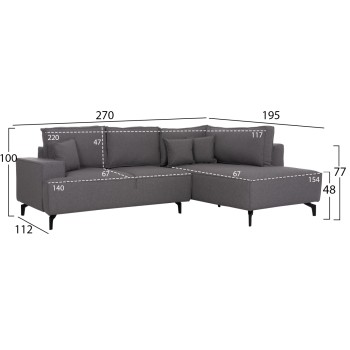 CORNER SOFA-BED WITH STORAGE SPACE SAFFIRA FK3303.01R GREY FABRIC 270x195x100Hcm.