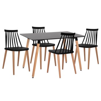 DINING SET 5PCS MINIMAL FK21178 MDF TOP IN BLACK-FRAMES IN NATURAL WOOD COLOR