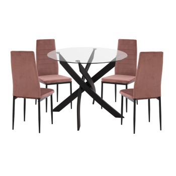 DINING SET 5PCS LADY FK21199.02 GLASS TOP--METAL IN BLACK & VELVET IN DUSTY PINK