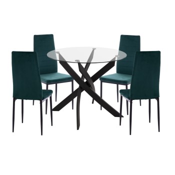 DINING SET 5PCS LADY FK21199.03 GLASS TOP--METAL IN BLACK & VELVET IN CYPRESS GREEN