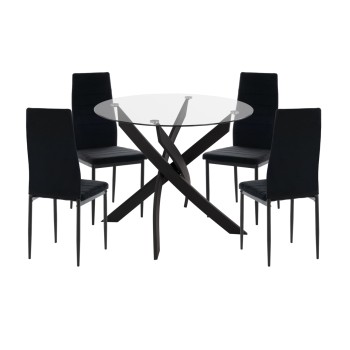 DINING SET 5PCS LADY FK21199.04 GLASS TOP--METAL & VELVET IN BLACK