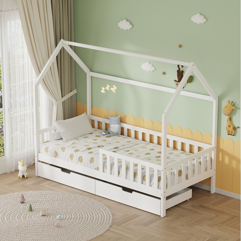 KIDS' BED WITH DRAWERS PHYLLIS FK724.03 PINE WOOD IN WHITE 196x97x161Hcm. KIDS' BED WITH DRAWERS PHYLLIS FK724.03 PINE WOOD IN WHITE 196x97x161Hcm.
