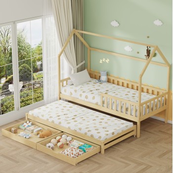 KID'S BED WITH RETRACTABLE SECOND BED & DRAWERS PHYLLIS FK723.01 PINE WOOD IN NATURAL 206x97x166Hcm. KID'S BED WITH RETRACTABLE SECOND BED & DRAWERS PHYLLIS FK723.01 PINE WOOD IN NATURAL 206x97x166Hcm.