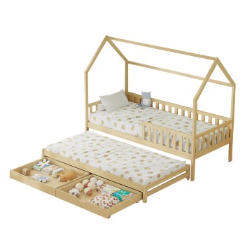 KID'S BED WITH RETRACTABLE SECOND BED & DRAWERS PHYLLIS FK723.01 PINE WOOD IN NATURAL 206x97x166Hcm.