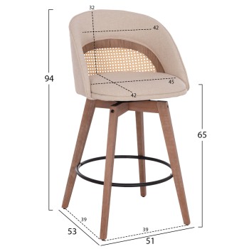 BAR STOOL SWIVEL RIKI FK18253.01 WOODEN LEGS--BEIGE FABRIC 51x53x94Hcm.