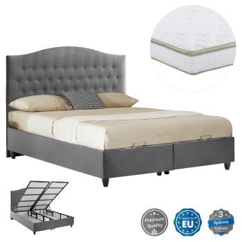 BED WITH MATTRESS DOUBLE MALENA FK21164 GREY VELVET & STORAGE SPACE--FOR 160x200cm