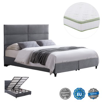 BED WITH MATTRESS DOUBLE MILO FK21163 GREY VELVET & STORAGE SPACE--FOR 160x200cm