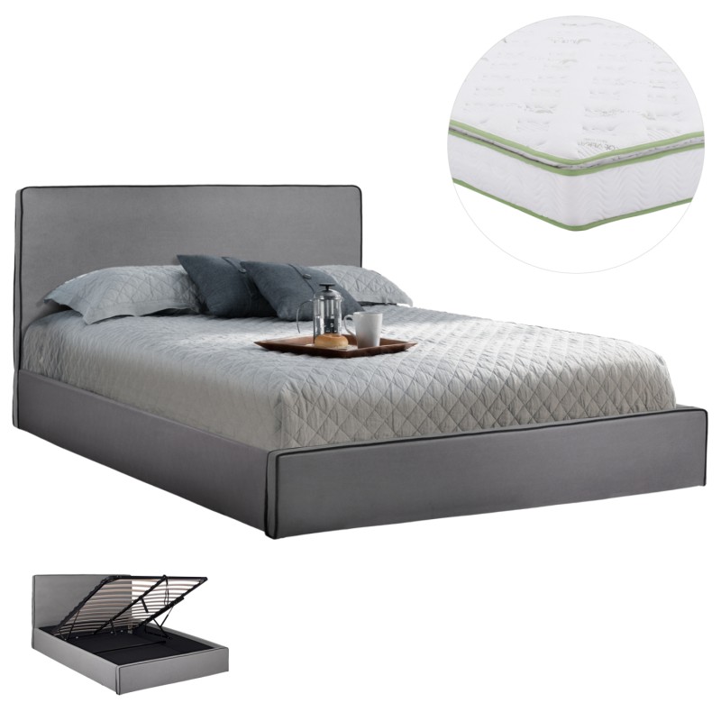 DOUBLE BED WITH MATTRESS & STORAGE SPACE ALLIE FK21170 GREY FABRIC--FOR 160X200cm.