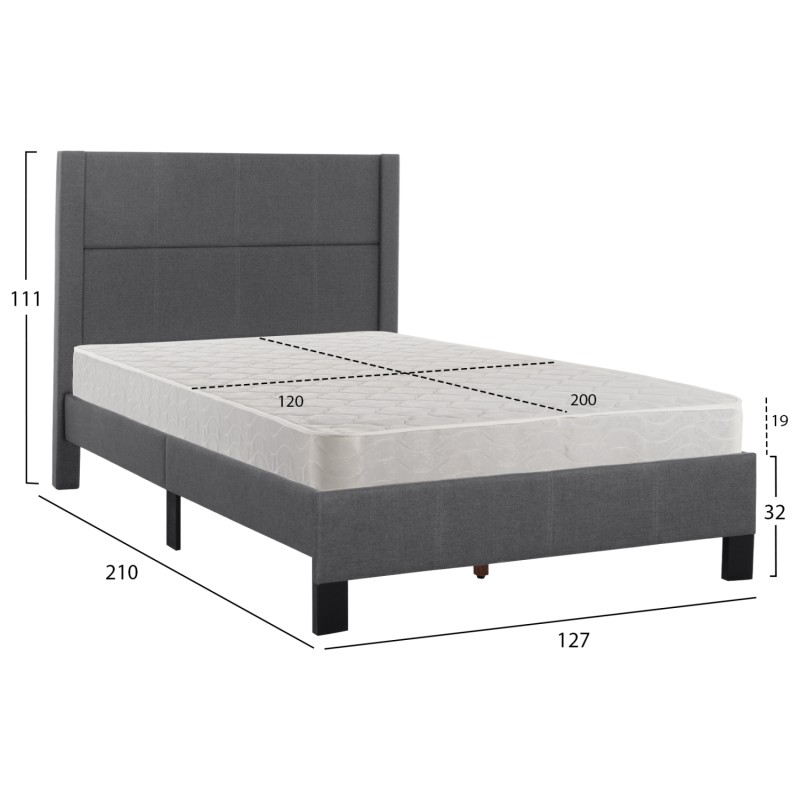 SINGLE BED WITH MATTRESS TRILLOP FK21203.12 GREY FABRIC--FOR 120X200cm.