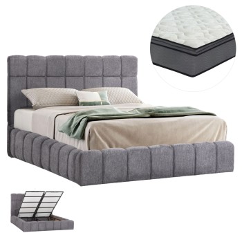 DOUBLE BED WITH MATTRESS & STORAGE SPACE RAMON FK21168 GREY BOUCLE FABRIC--FOR 160x200cm.