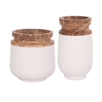 DECORATIVE FLOOR VASES 2PCS LINTER FK21140.02 FIBER CEMENT IN WHITE-TEAK WOOD 47H & 60Hcm.