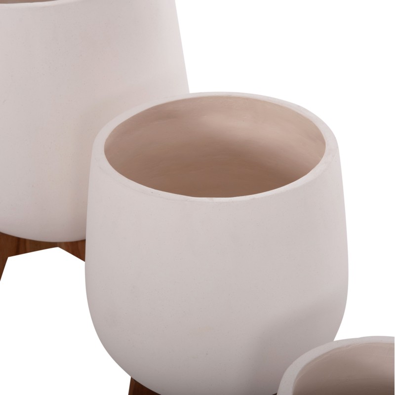 SET 3 POTS/VASES WITH TEAK BASES TRYLL FK4681.02 FIBER CEMENT IN WHITE SET 3 POTS/VASES WITH TEAK BASES TRYLL FK4681.02 FIBER CEMENT IN WHITE