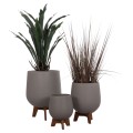 SET 3 POTS/VASES WITH TEAK BASES TRYLL FK4681.03 FIBER CEMENT IN GREY