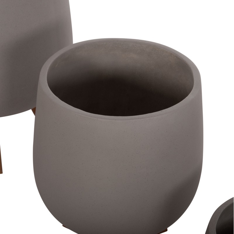 SET 3 POTS/VASES WITH TEAK BASES TRYLL FK4681.03 FIBER CEMENT IN GREY