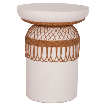 SIDE TABLE ROUND PRILEP FK18159.02 FIBER CEMENT IN WHITE & RATTAN--Φ60x76.5Hcm.