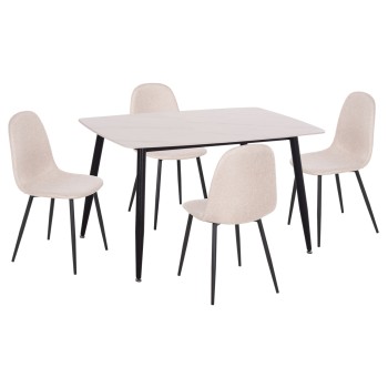 DINING SET 5PCS RAVEN FK21068.01 CERAMIC TOP WHITE MARBLE--BEIGE FABRIC