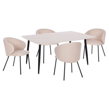 DINING SET 5PCS RAVEN FK21069.01 CERAMIC TOP IN WHITE MARBLE & 4 CHAIRS