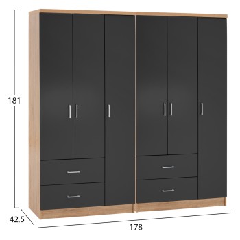 6-LEAF WARDROBE CAESAR FK21236.01 MELAMINE IN SONAMA & DARK GREY 180x42,5Χ181Hcm. 6-LEAF WARDROBE CAESAR FK21236.01 MELAMINE IN SONAMA & DARK GREY 180x42,5Χ181Hcm.
