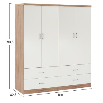 WARDROBE 4-LEAF WITH 4 DRAWERS REINA FK21257 MELAMINE IN WHITE-SONAMA COLOR 160x42.5x180.5Η WARDROBE 4-LEAF WITH 4 DRAWERS REINA FK21257 MELAMINE IN WHITE-SONAMA COLOR 160x42.5x180.5Η