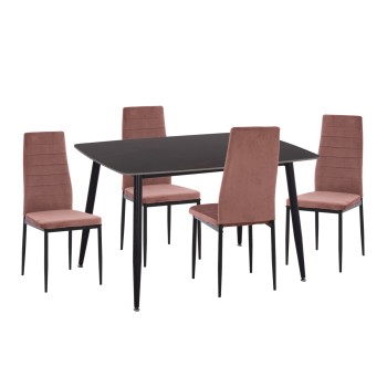DINING SET 5PCS RAVEN FK21264.02 CERAMIC TOP BLACK MARBLE--VELVET IN DUSTY PINK