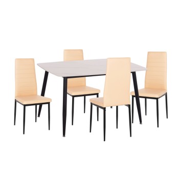 DINING SET 5PCS RAVEN FK21266.01 CERAMIC TOP WHITE MARBLE--PU IN CREAM WHITE