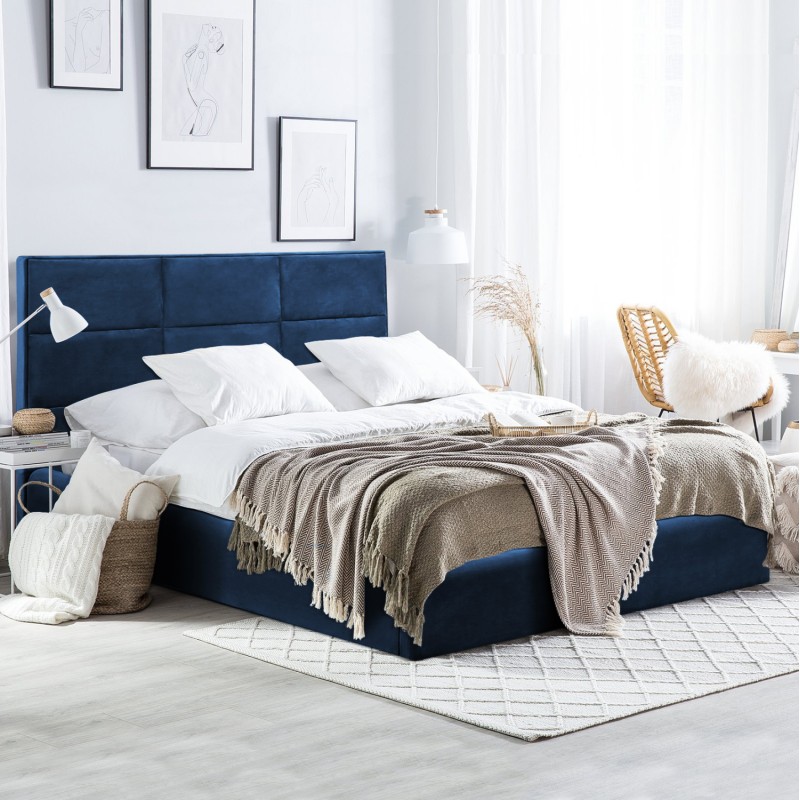 DOUBLE BED WITH MATTRESS BRILEY FK21272.03 BLUE VELVET WITH STORAGE SPACE--FOR 160x200cm