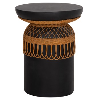 SIDE TABLE ROUND PRILEP FK18159.01 FIBER CEMENT IN BLACK & RATTAN--Φ60x76.5Hcm.