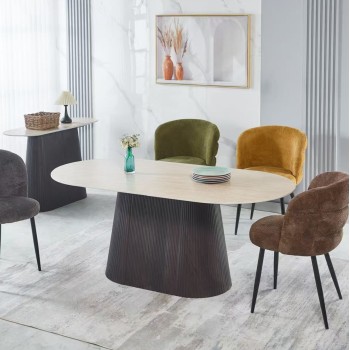 DINING TABLE OVAL CATER FK18320 CERAMIC TOP IN TRAVERTINE STONE LOOK--MDF BASE 180x90x74Hcm.