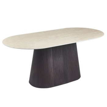 DINING TABLE OVAL CATER FK18320 CERAMIC TOP IN TRAVERTINE STONE LOOK--MDF BASE 180x90x74Hcm.