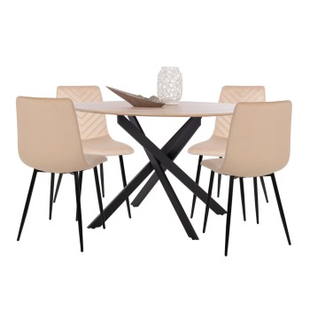DINING SET 5PCS ROSARIO FK21278 MDF ROUND TOP--VELVET IN ECRU & METAL IN BLACK