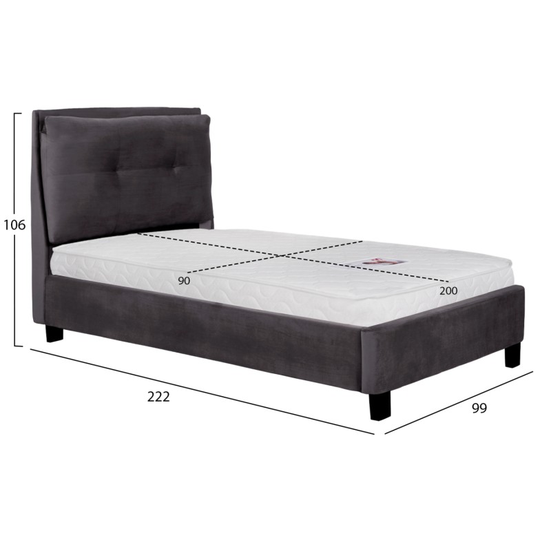 BED WITH MATTRESS RILEY FK21282.01 GREY VELVET--FOR MATTRESS 90x200cm