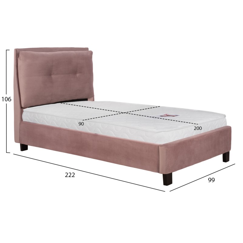 BED WITH MATTRESS RILEY FK21282.02 DUSTY PINK VELVET--FOR MATTRESS 90x200cm BED WITH MATTRESS RILEY FK21282.02 DUSTY PINK VELVET--FOR MATTRESS 90x200cm
