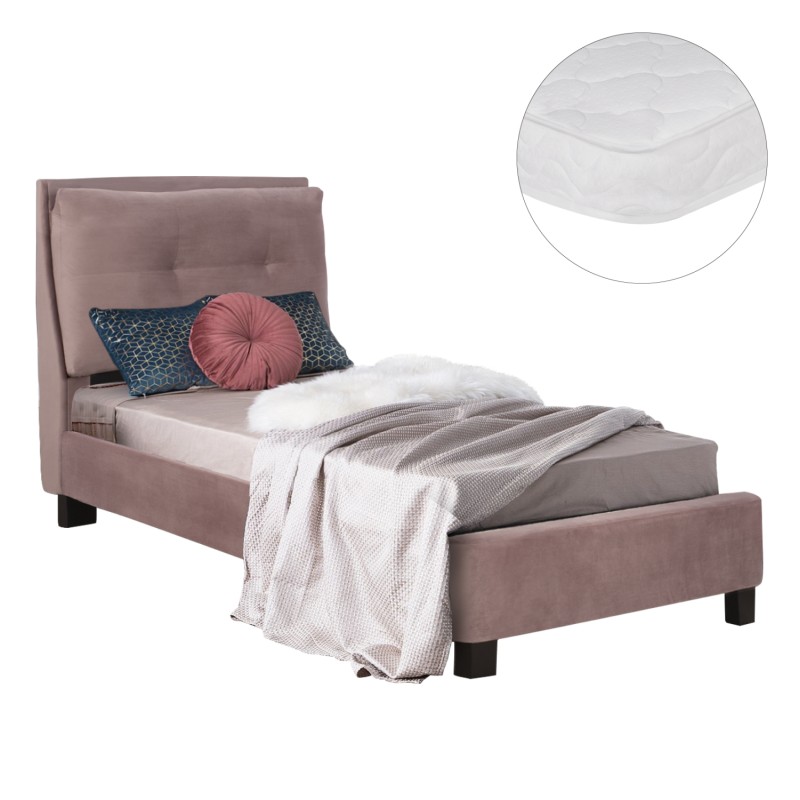 BED WITH MATTRESS RILEY FK21282.02 DUSTY PINK VELVET--FOR MATTRESS 90x200cm BED WITH MATTRESS RILEY FK21282.02 DUSTY PINK VELVET--FOR MATTRESS 90x200cm