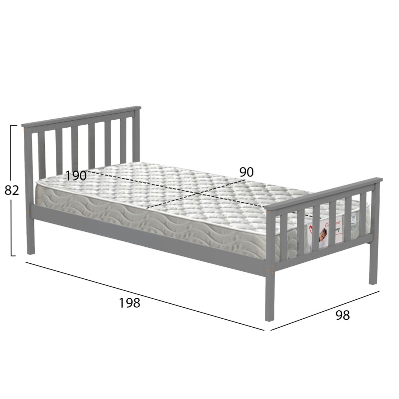 BED WITH MATTRESS GIMLY FK21300.02 PINE WOOD IN GREY COLOR FOR MATTRESS 90x190cm BED WITH MATTRESS GIMLY FK21300.02 PINE WOOD IN GREY COLOR FOR MATTRESS 90x190cm