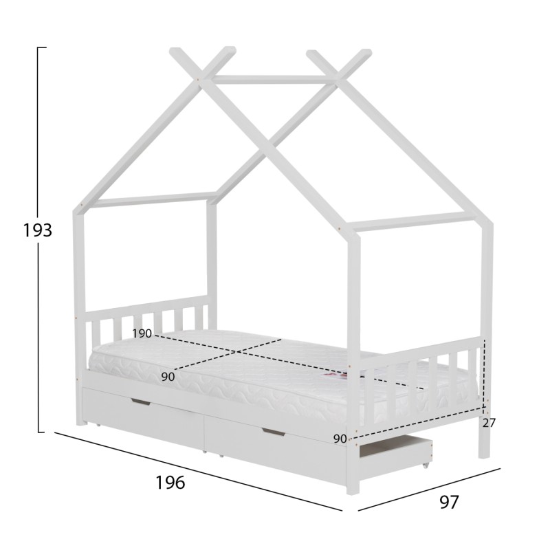 BED WITH MATTRESS KLARICE FK21305.01 PINE WOOD IN WHITE COLOR--MATTRESS 90x190cm BED WITH MATTRESS KLARICE FK21305.01 PINE WOOD IN WHITE COLOR--MATTRESS 90x190cm