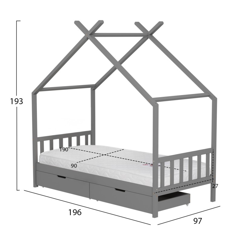 BED WITH MATTRESS KLARICE FK21305.02 PINE WOOD IN GREY COLOR--MATTRESS 90x190cm BED WITH MATTRESS KLARICE FK21305.02 PINE WOOD IN GREY COLOR--MATTRESS 90x190cm