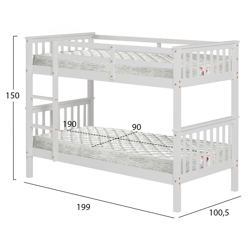 BUNK BED WITH 2 MATTRESSES LANTAI FK21307.01 PINE WOOD IN WHITE--FOR MATTRESSES 90x190cm BUNK BED WITH 2 MATTRESSES LANTAI FK21307.01 PINE WOOD IN WHITE--FOR MATTRESSES 90x190cm