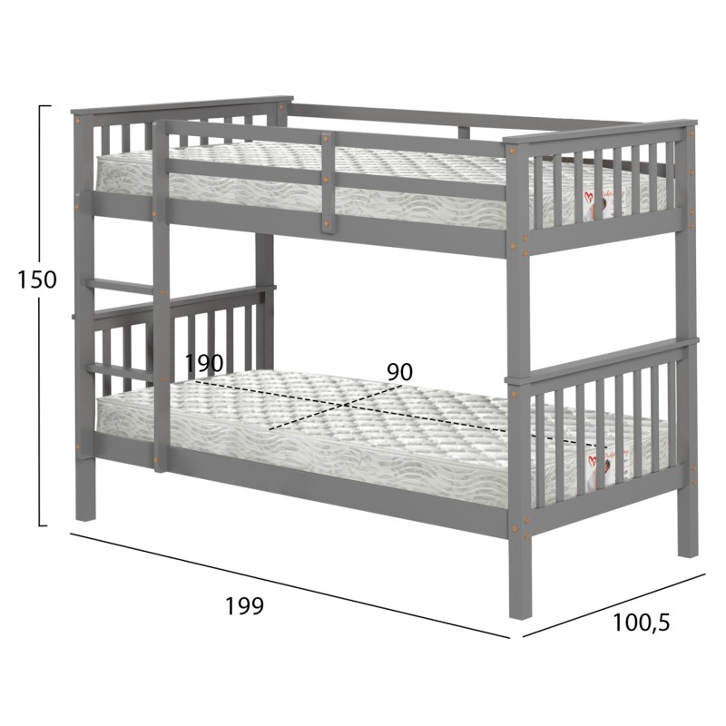 BUNK BED WITH 2 MATTRESSES LANTAI FK21307.02 PINE WOOD IN GREY--FOR MATTRESSES 90x190cm BUNK BED WITH 2 MATTRESSES LANTAI FK21307.02 PINE WOOD IN GREY--FOR MATTRESSES 90x190cm