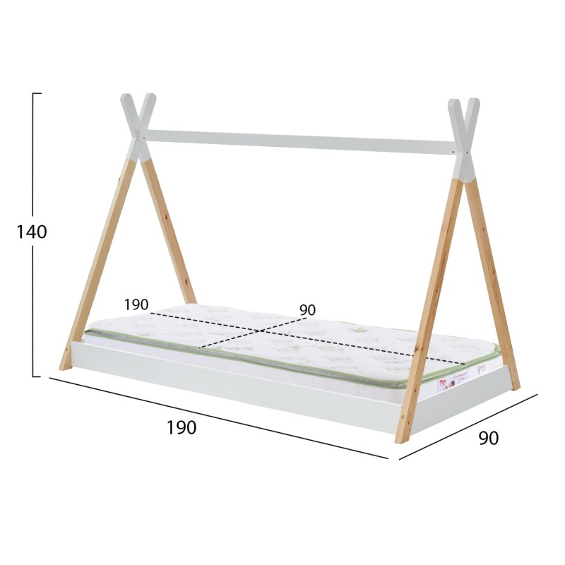 BED WITH MATTRESS MUNK FK21308 PINE WOOD IN NATURAL & WHITE--MATTRESS 90x190cm BED WITH MATTRESS MUNK FK21308 PINE WOOD IN NATURAL & WHITE--MATTRESS 90x190cm